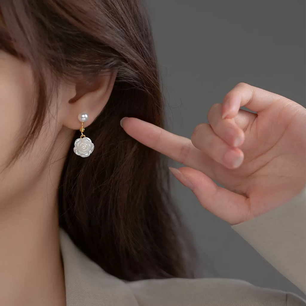 S925 Silver Freshwater Pearl Rose Drop Earrings