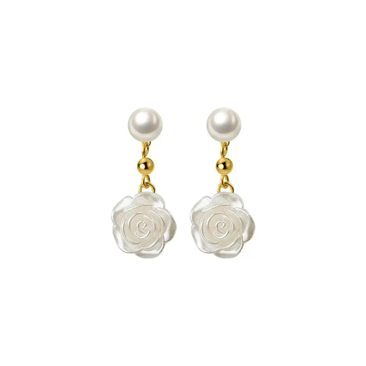 S925 Silver Freshwater Pearl Rose Drop Earrings