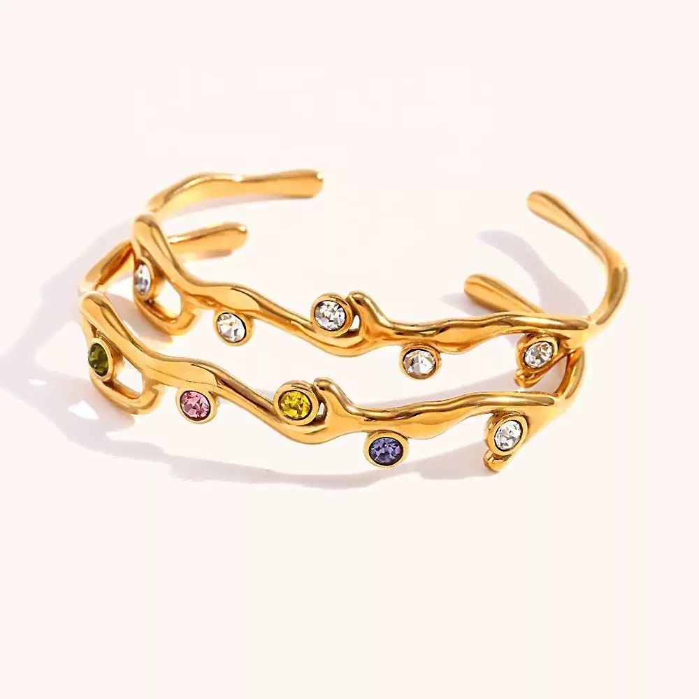 18K Gold-Plated Titanium Steel Cuff Bracelet with Cubic Zirconia